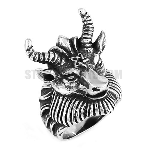 Stainless Steel Satan Worship Baphomet Ram Aries Aodiac Sheep Goat Head Horn Biker Rings SWR0594 - Click Image to Close